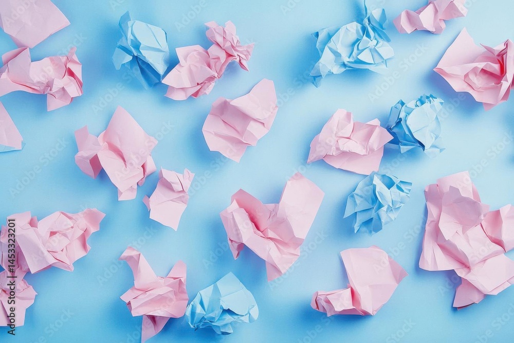 Paper Crumples on Blue Background Give off Creative Mess Concept Theme Paper Crumples on Blue Background Give off Creative Mess Concept Theme