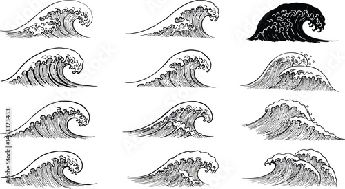 Collection of Hand Drawn Ocean Waves Illustrations in Black and White Line Art Style with Varied Wave Forms and Movement Patterns 