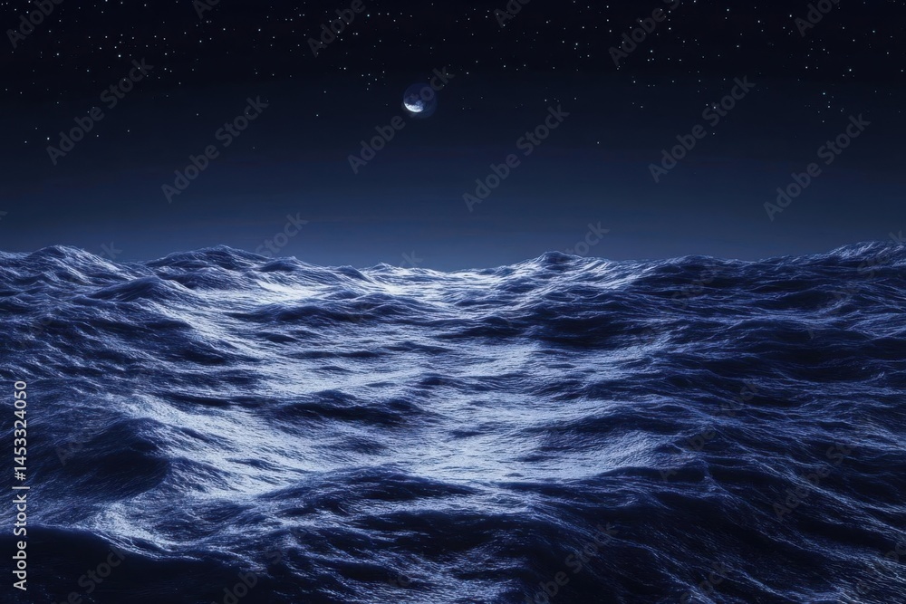 Fototapeta premium Ocean waves move under night with Crescent moon and Stars Theme