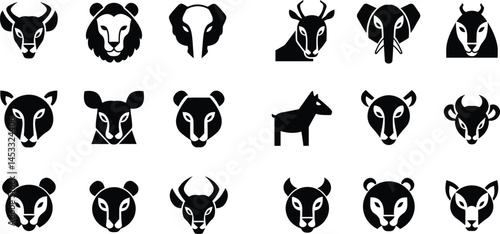 Set of 20 black and white wild animal icons including bison lion buffalo antelope elephant and bear silhouettes in simple style 