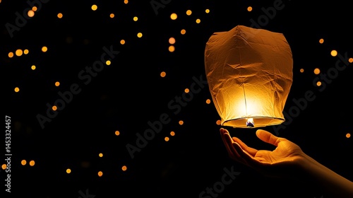 Hand Releasing Lanterns: A hand gently releasing a glowing lantern into the night sky during a festival, symbolizing hope and celebration. 