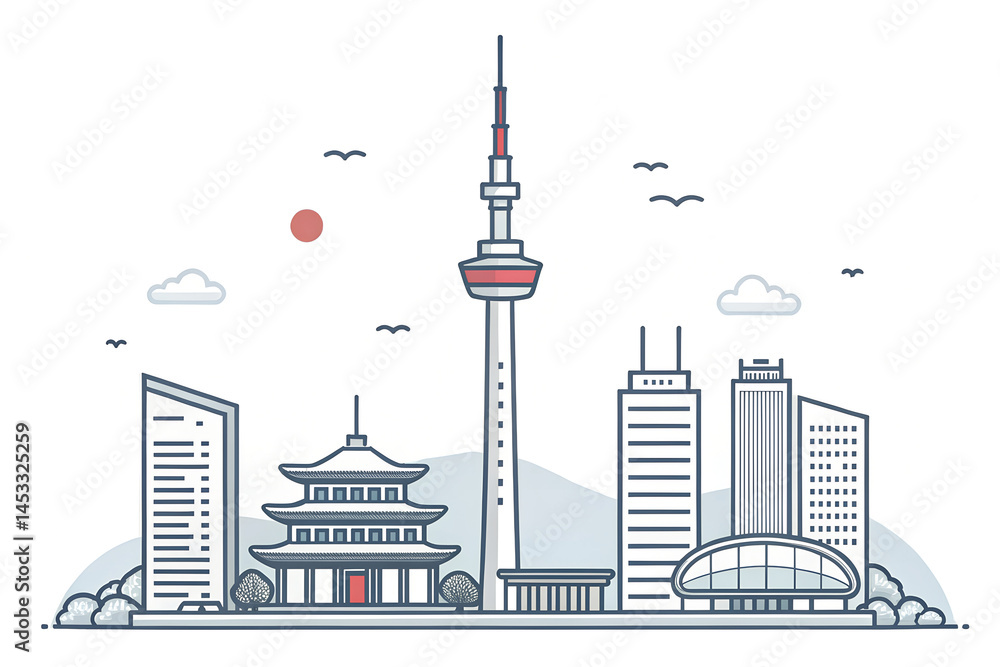 Obraz premium Minimal flat vector of the skyline of Seoul with N Seoul Tower generative ai
