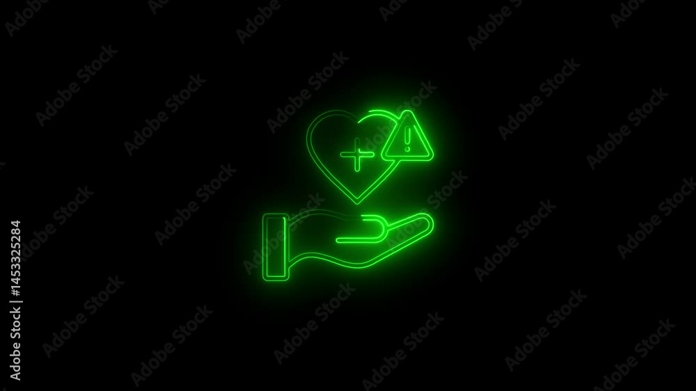 Glowing neon hand with health icon.HD motion graphic video animation with neon effects.isolated on a black background. Glowing neon hand with health icon.HD motion graphic video animation with neon effects.isolated on a black background.