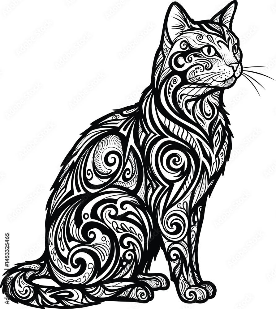custom made wallpaper toronto digitalCat silhouette with intricate tribal swirl patterns in black and white detailed artistic design for tattoo or decoration 