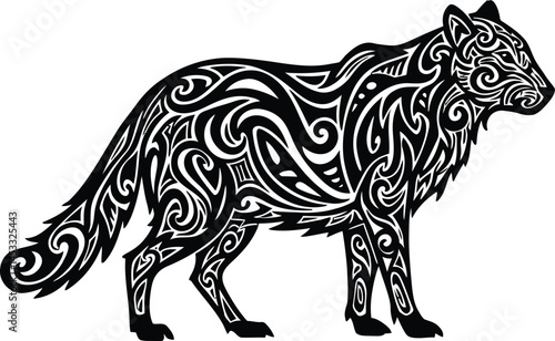 Black tribal style wolf silhouette with intricate swirling patterns vector design on white background 