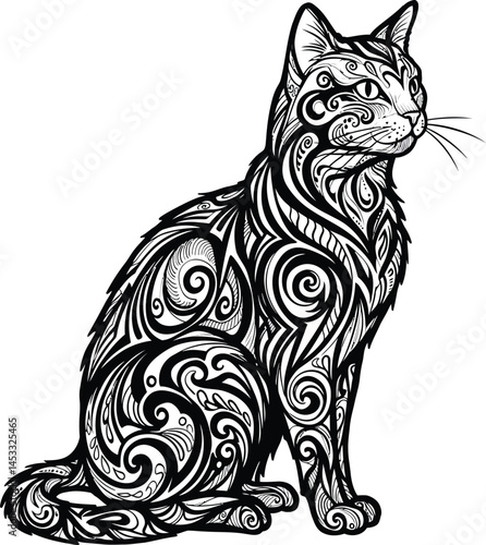 Wallpaper Mural Cat silhouette with intricate tribal swirl patterns in black and white detailed artistic design for tattoo or decoration  Torontodigital.ca