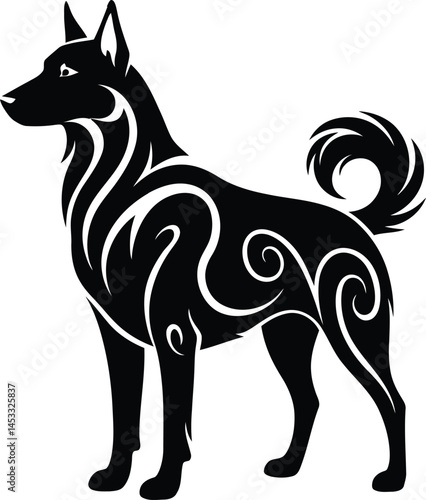Tribal styled black dog silhouette with artistic swirl patterns on white background for creative design and tattoo ideas