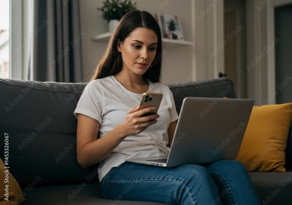 Young Woman Working Remotely on Laptop and Smartphone from Home Cozy Living Room Young Woman Working Remotely on Laptop and Smartphone from Home Cozy Living Room