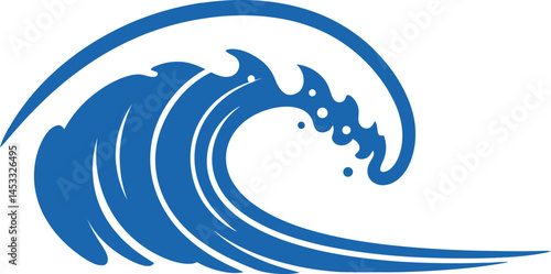 Blue ocean wave icon with stylized curling water splash vector graphic design element