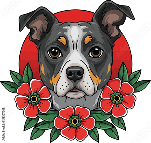 Staffordshire Bull Terrier Dog Portrait with Red Flowers and Leaves Illustration in Circular Frame 