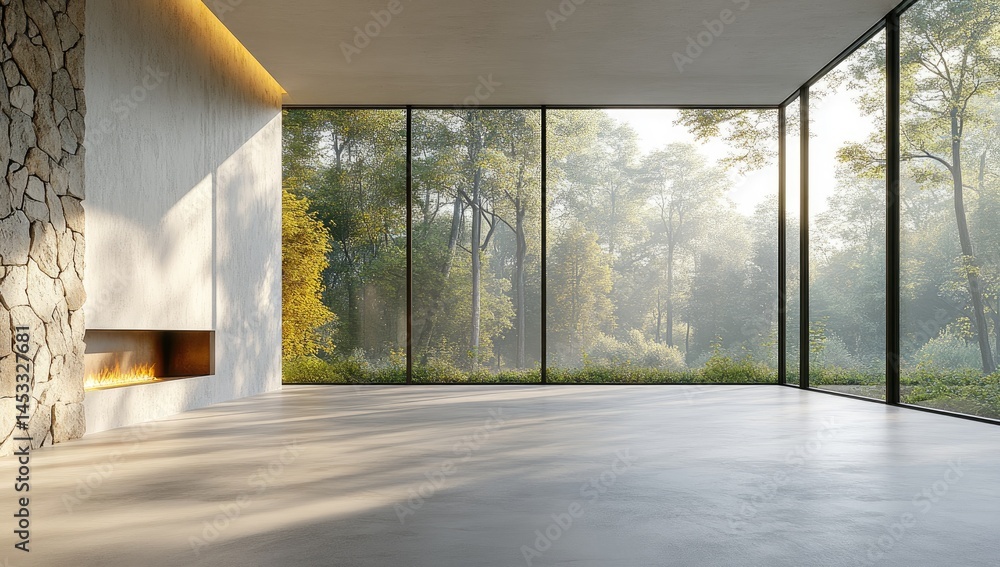 Fototapeta premium Spacious modern interior with forest views.