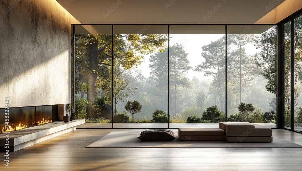 Fototapeta premium Modern interior design with panoramic forest view.