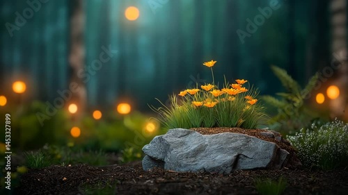 Enchanted Garden Serenity: A captivating outdoor scene, where delicate wildflowers and vibrant plants thrive upon a stone platform, encircled by the tranquil embrace of a dimly lit woodland.