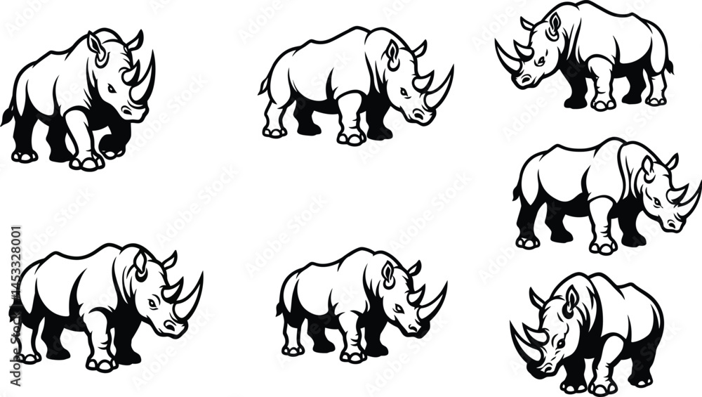 Fototapeta premium Rhinoceros Vector Set with Six Different Black and White Rhino Illustrations for Wildlife and Animal Design Projects