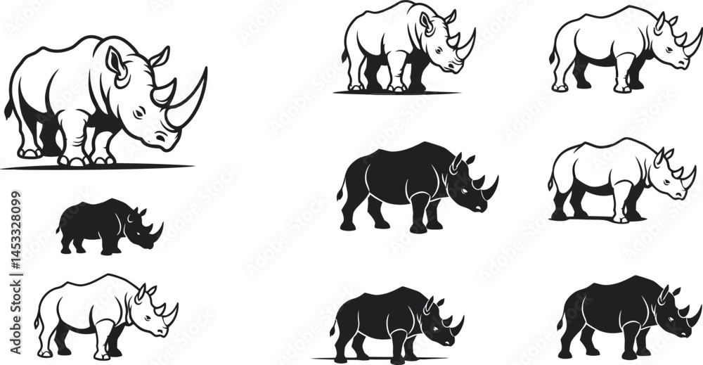 Fototapeta premium Rhinoceros silhouette black and white vector illustration set showing side views of wild animals in various poses 