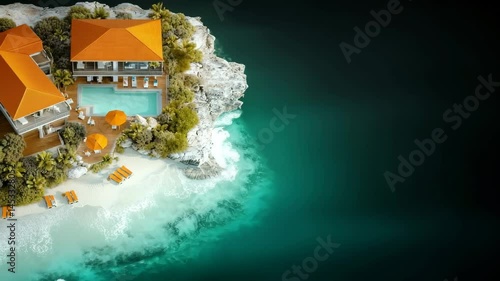 Coastal Paradise Retreat: A picturesque coastal retreat featuring luxurious villas, a refreshing pool, and a stunning beachfront, epitomizing the ultimate escape, inviting serenity and relaxation.