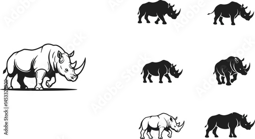 Rhinoceros animal silhouettes and detailed vector illustrations for wildlife and nature design projects 