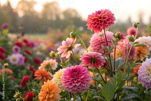 Dahlia field at sunset: Close-up on a cluster of vibrant, multi-colored dahlia blossoms bathed in the warm glow of the setting sun, creating a stunning visual tapestry of color and beauty.