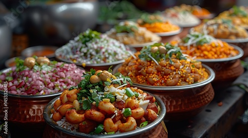A street vendorâ€™s plate of chaat with colorful toppings.  HD 8K wallpaper Photographic Image