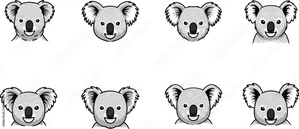 Koala bear head facial expressions vector set with simple black and white outlines for design and illustration purposes Koala bear head facial expressions vector set with simple black and white outlines for design and illustration purposes