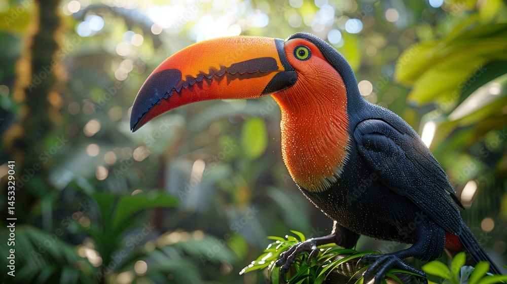 Fototapeta premium A toucan with its vibrant beak in a lush rainforest. HD 8K wallpaper Photographic Image