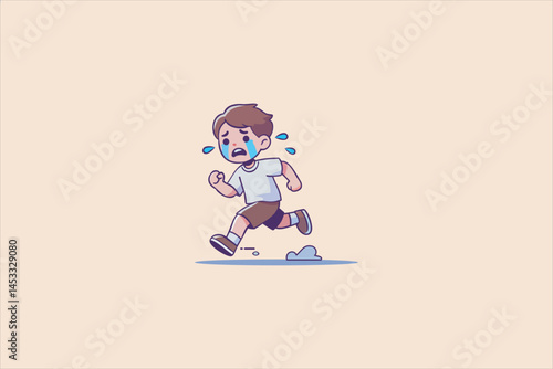 Crying cartoon boy running away in fear. Cute flat vector illustration of scared child in motion.