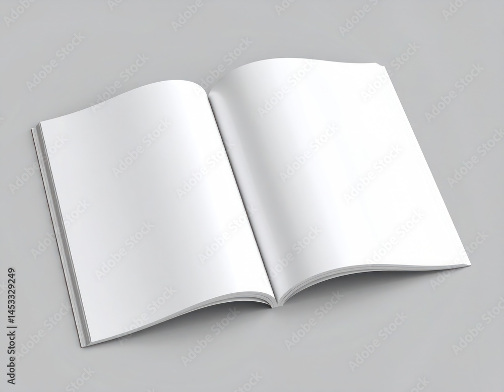 Blank magazine mockup open on gray background, minimal editorial template, empty spread layout, clean publishing concept, realistic 3D rendering, print design display Blank magazine mockup open on gray background, minimal editorial template, empty spread layout, clean publishing concept, realistic 3D rendering, print design display