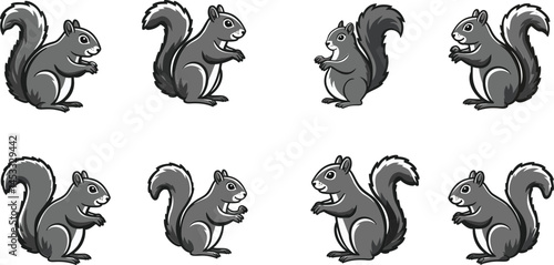 Gray squirrel silhouette vector set with multiple poses and side views for wildlife and nature illustration designs 