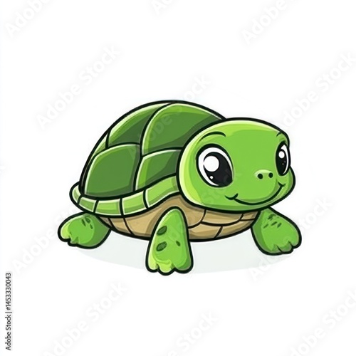 Cute cartoon turtle character with big eyes and vibrant green shell on white background, perfect for children's themes and designs
