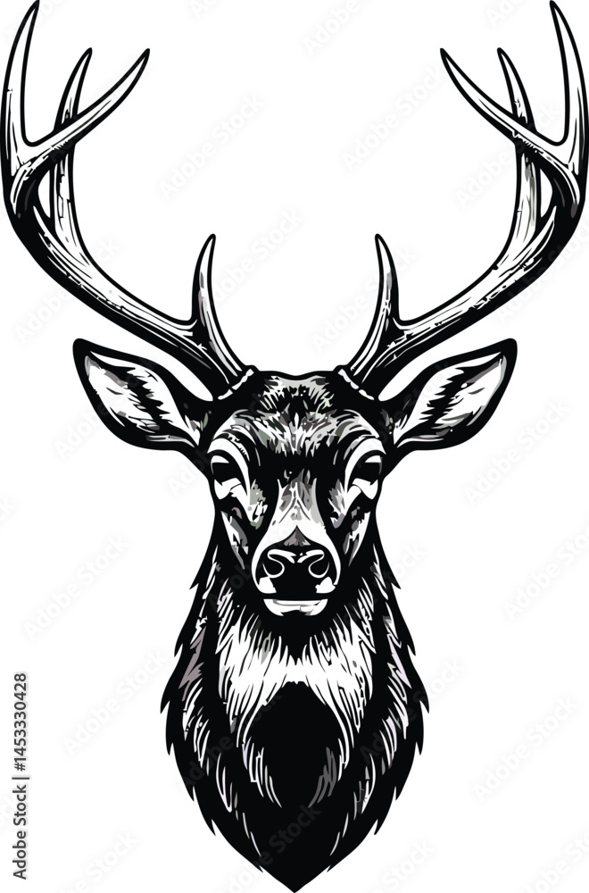 Naklejka premium Deer head with large antlers detailed black and white vector illustration for wildlife and nature design 