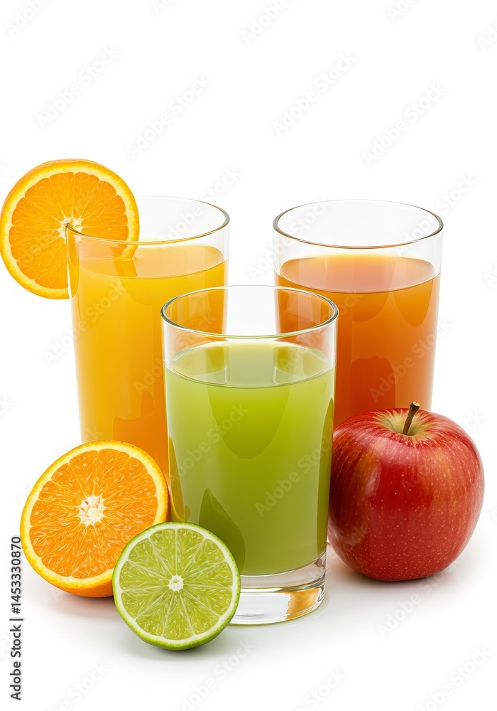 Fresh apple, orange and lime juice on white background. Fresh apple, orange and lime juice on white background.