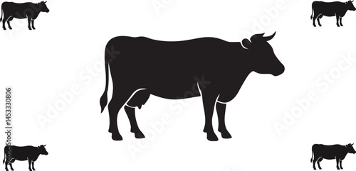 Black silhouette cow animal farm livestock vector illustration design with smaller cattle icons 