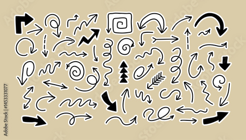 Hand drawn doodle arrows set on beige background for presentations infographics direction signs icons pointer design bundle