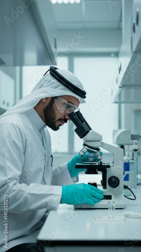 Wallpaper Mural Vertical video of Arab scientist using microscope in laboratory, perfect for illustrating scientific research, innovation, and educational or healthcare technology content on mobile platforms. Torontodigital.ca