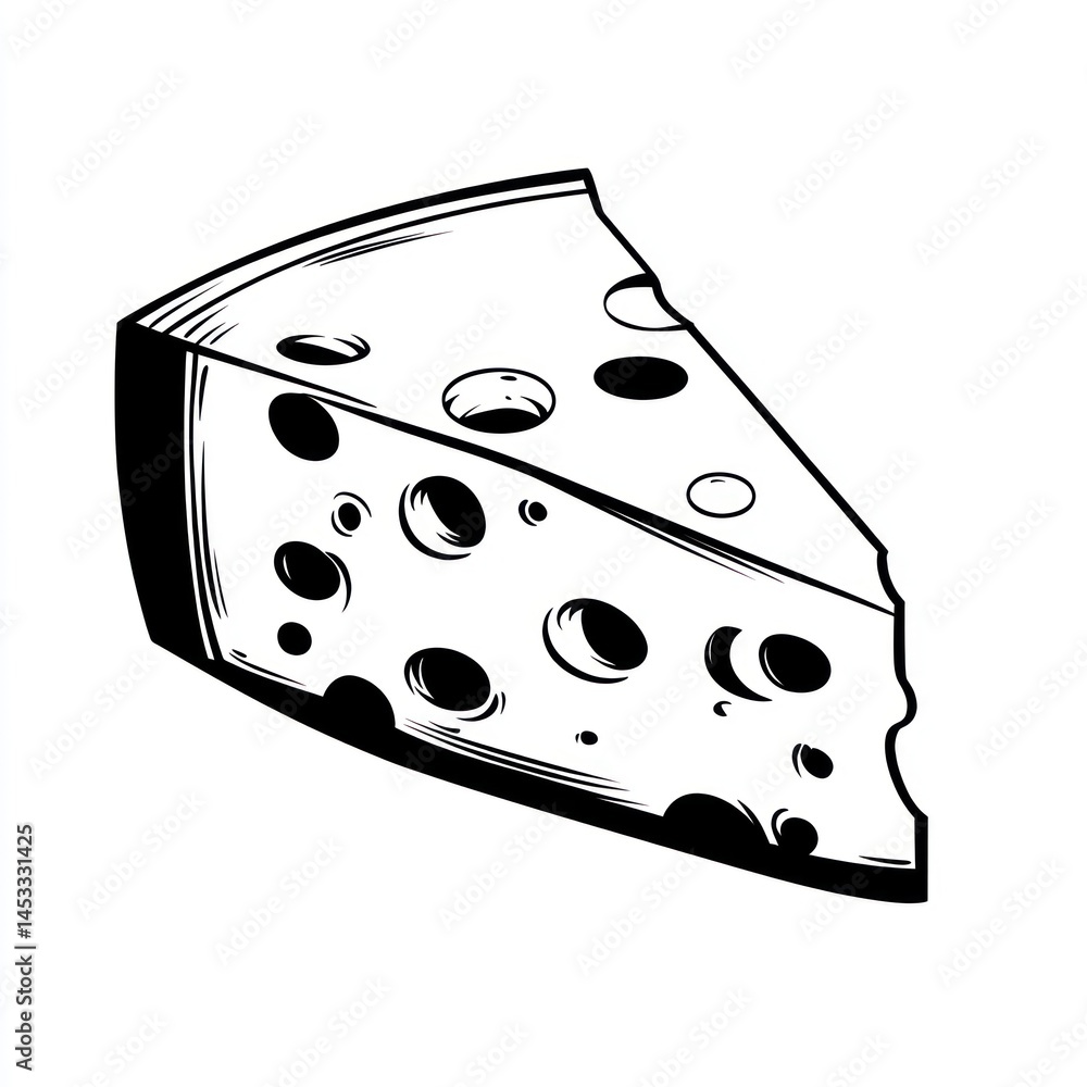 Hand-Drawn Illustration of a Triangular Cheese Slice with Holes in Black and White Style Hand-Drawn Illustration of a Triangular Cheese Slice with Holes in Black and White Style