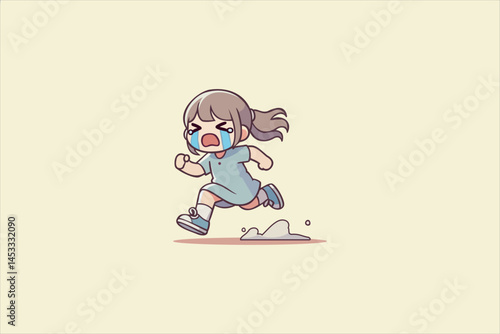 Crying cartoon girl running in fear. Cute flat vector illustration of a scared child in motion.