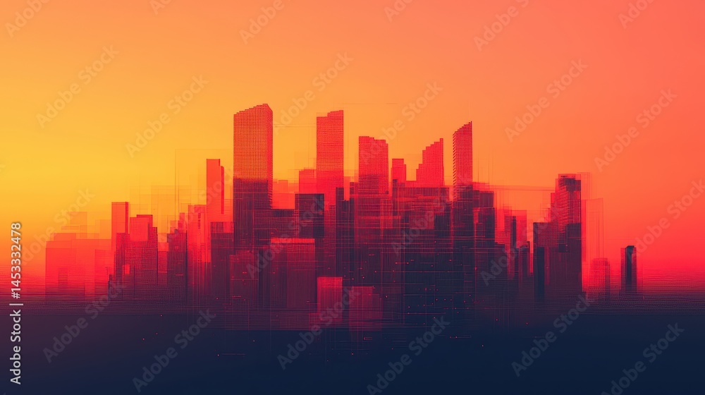 Fototapeta premium Urban Skyline Silhouette at Sunset with Abstract Color Gradients