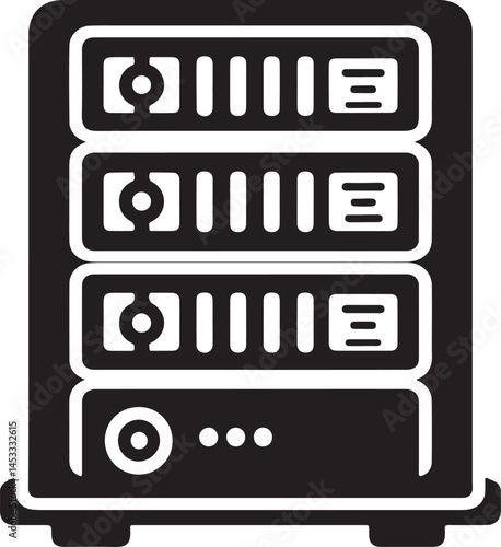 Server rack silhouette vector icon, ideal for data center, hosting, cloud storage, and IT infrastructure designs. EPS format, clean and scalable.
