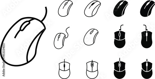 Computer mouse icon set black and white simple line art style vector illustration for digital device input usage and technology design 
