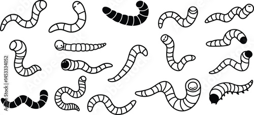 Worms vector illustration with black and white segmented bodies in various poses and orientations 