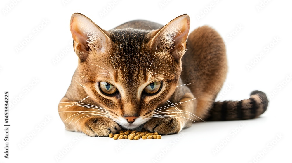 Obraz premium Brown Cat with Intense Gaze Focused on Food on White Background