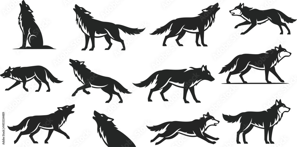 Obraz premium Wolf silhouette set with multiple poses and howling black vector illustrations for wildlife design and nature themes 