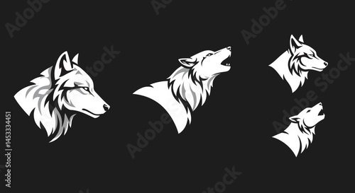Wolf head silhouette illustrations with howling and profile poses in black and white vector design 