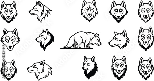 Wolf heads and standing wolf animal silhouettes black and white vector illustration set for wildlife design and nature projects 