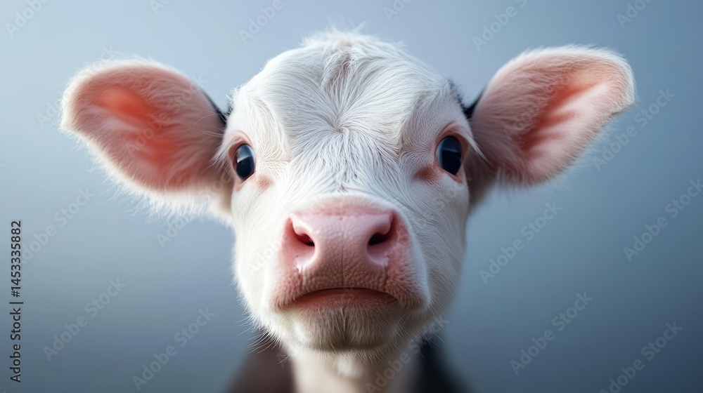 Fototapeta premium Close-up portrait of a curious calf with expressive eyes and soft ears.