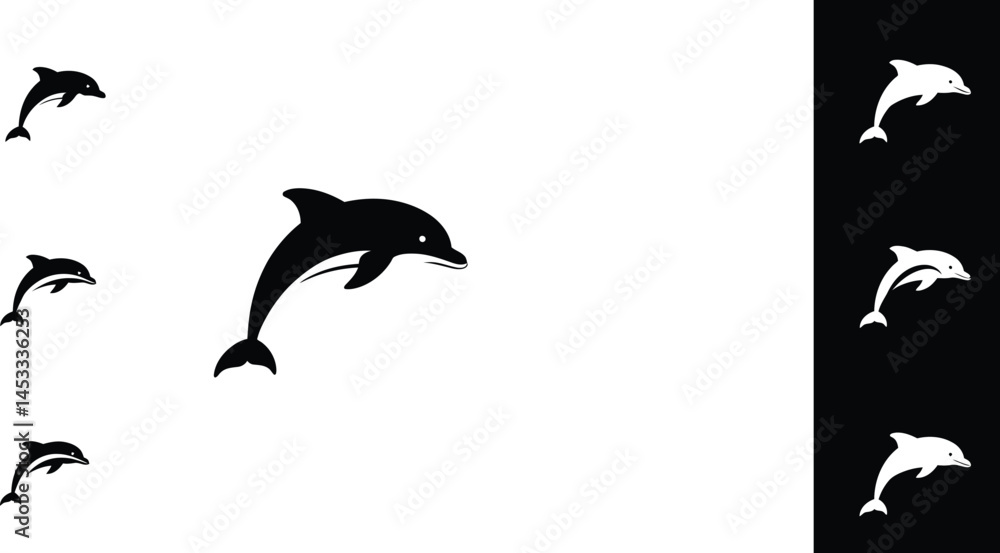 Obraz premium Dolphin silhouette vector set with jumping and swimming poses in black and white style for design use 