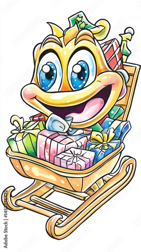 Obraz premium Joyful Yellow Cartoon Creature with Gift Filled Sleigh
