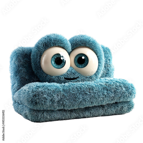 Adorable Fuzzy Couch Monster  3D Render of a Cute Blue Plush Sofa Character