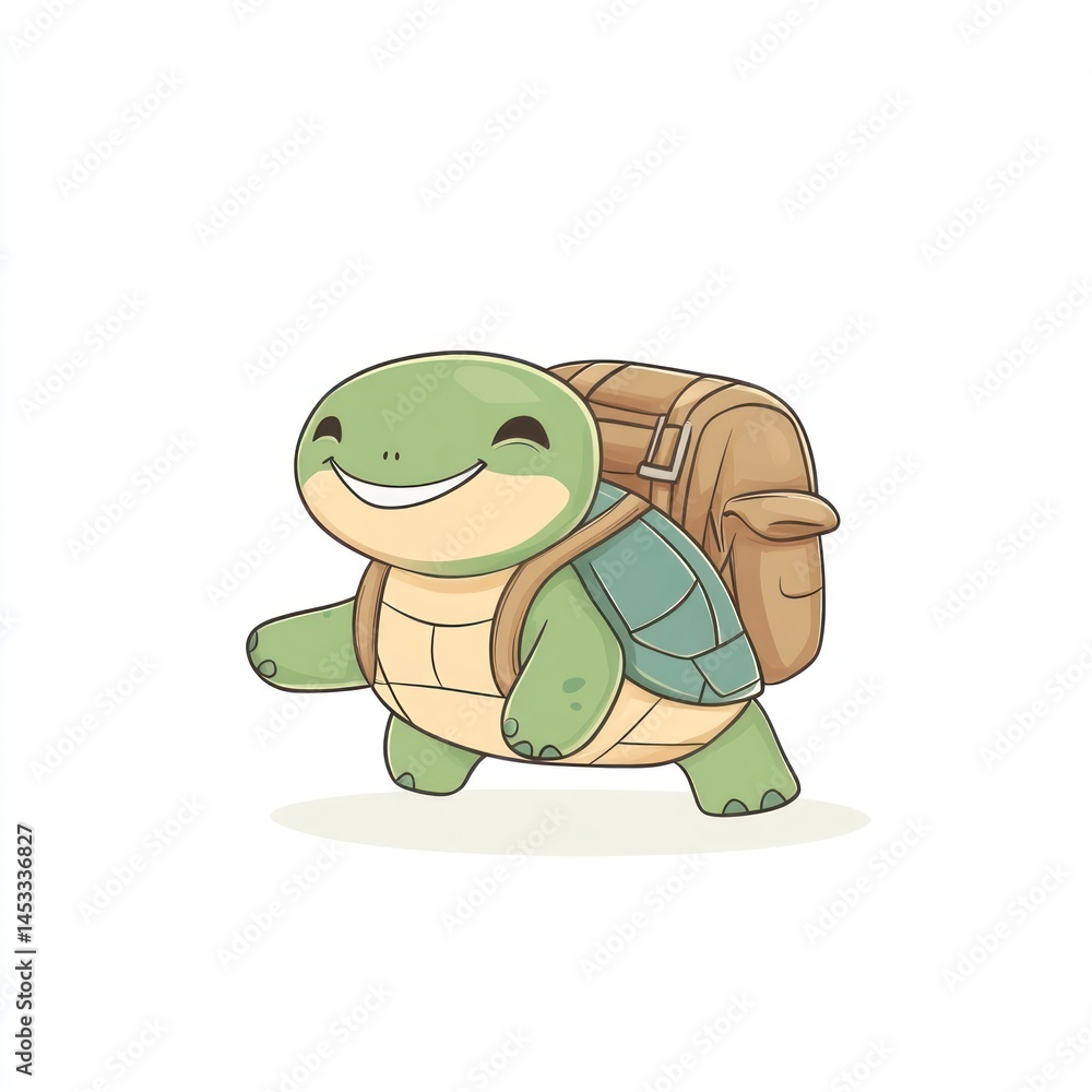 Fototapeta premium Happy Cute Cartoon Turtle with Backpack Walking Cheerfully on a White Background