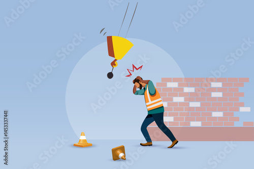 Accident at construction site. Construction heavy equipment accidentally hit on worker head. Safety first, accident awareness and unsafe workplace in construction industry concept.